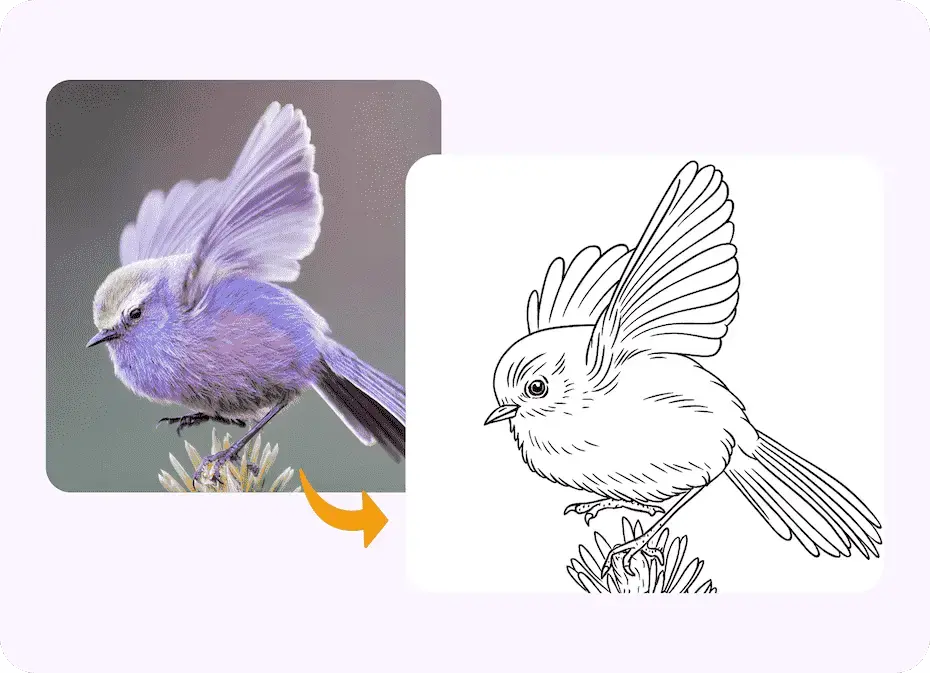 Une photo vibrante d'un oiseau aux ailes déployées est présentée en comparaison avant et après, transformée en une page de coloriage en dessin au trait détaillée et imprimable.