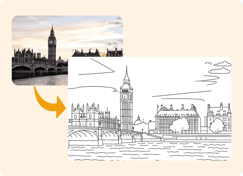 Vue avant et après d'une photographie du coucher de soleil de Big Ben à Londres, convertie en une belle page de coloriage en dessin au trait imprimable pour les amateurs d'architecture.