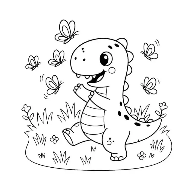 Dinosaure de dessin animé simple avec des papillons, feuille de coloriage en noir et blanc Dinosaure de dessin animé simple avec des papillons, feuille de coloriage en noir et blanc