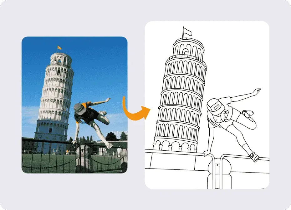 Une image avant et après montrant une photo de voyage de la Tour Penchée de Pise, transformée en une page de coloriage en dessin au trait dynamique et imprimable.