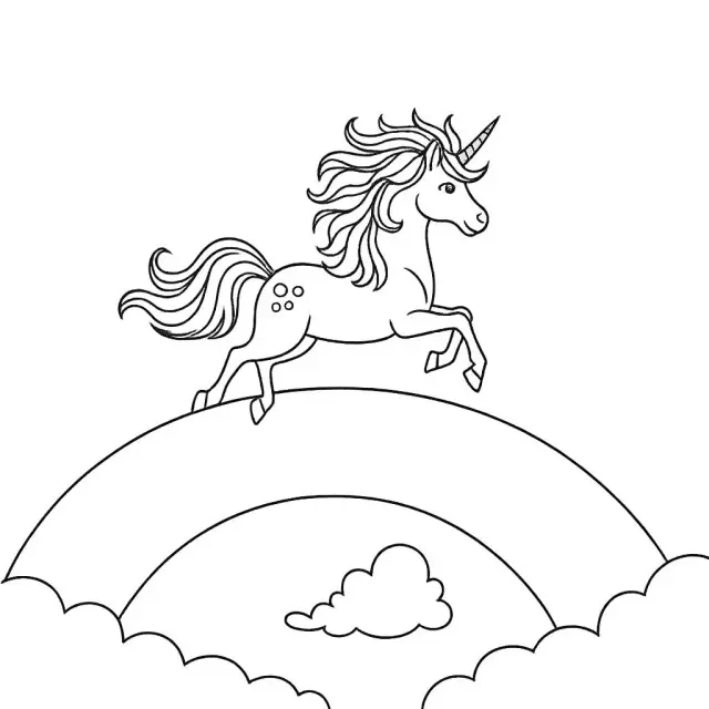 Dessin au trait d'une licorne courant sur un arc-en-ciel, fait pour le coloriage Dessin au trait d'une licorne courant sur un arc-en-ciel, fait pour le coloriage