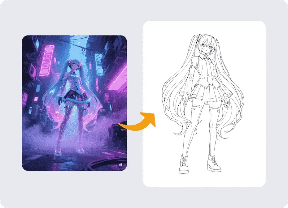 Comparaison avant et après d'un personnage d'anime coloré dans une ville néon, habilement converti en une page de coloriage en dessin au trait détaillée et imprimable.