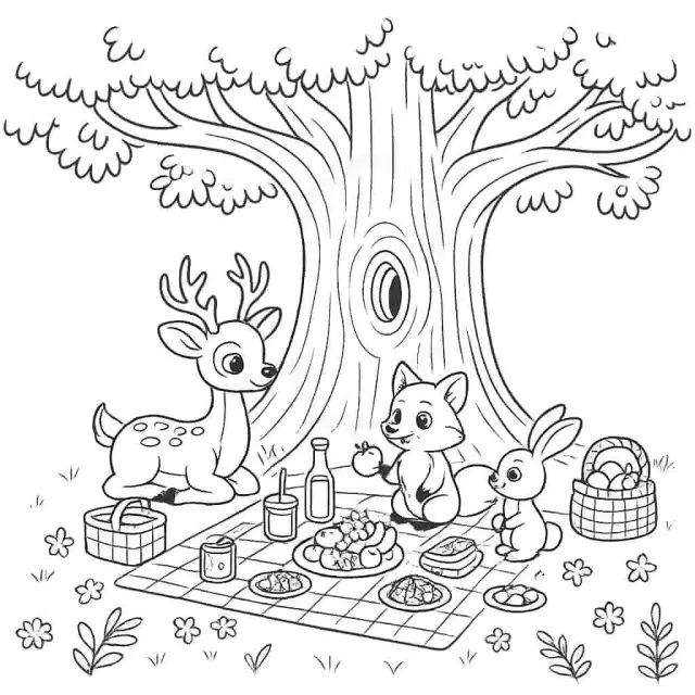 Animaux des bois contournés profitant d'un pique-nique, en noir et blanc pour les enfants à colorier Animaux des bois contournés profitant d'un pique-nique, en noir et blanc pour les enfants à colorier