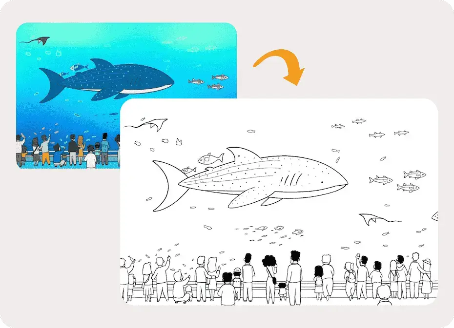 Une comparaison avant et après montrant une scène d'aquarium colorée avec un grand requin-baleine, transformée en une page de coloriage en dessin au trait imprimable.