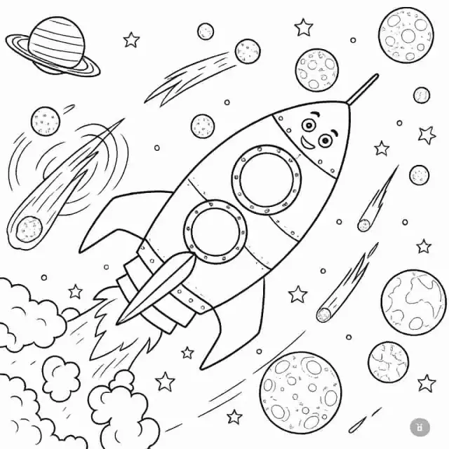 Page de coloriage en noir et blanc d'une fusée spatiale dans l'espace avec des étoiles et des planètes Page de coloriage en noir et blanc d'une fusée spatiale dans l'espace avec des étoiles et des planètes