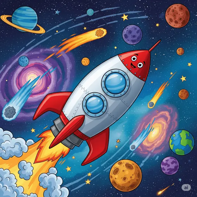 Une fusée spatiale de dessin animé volant à travers l'espace avec des étoiles, illustration en noir et blanc Une fusée spatiale de dessin animé volant à travers l'espace avec des étoiles, illustration en noir et blanc