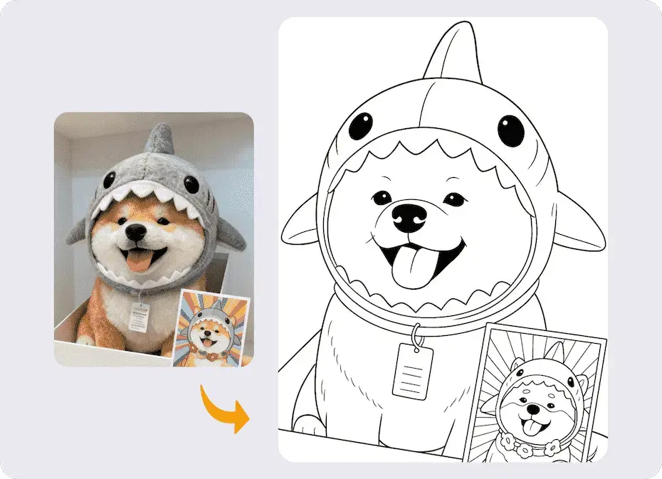Vue avant et après d'une photo d'un chien mignon en costume de requin, transformée en une page de coloriage en dessin au trait détaillée et imprimable.