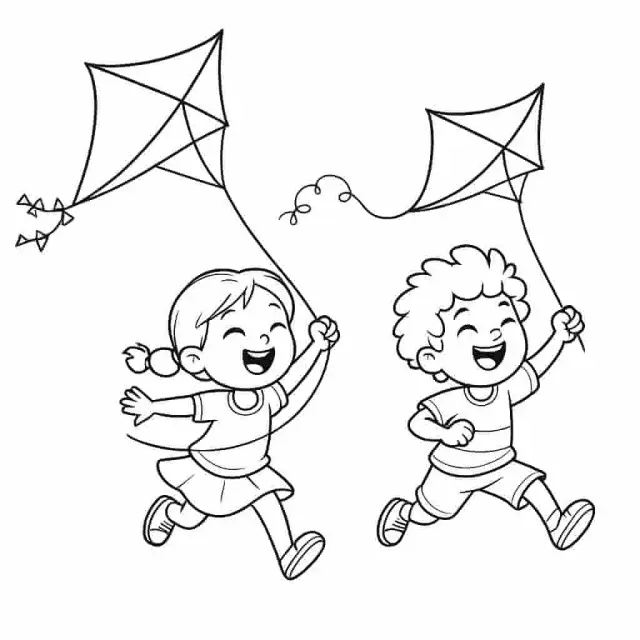 Dessin au trait d'enfants faisant voler des cerfs-volants dans le ciel, format page de coloriage Dessin au trait d'enfants faisant voler des cerfs-volants dans le ciel, format page de coloriage