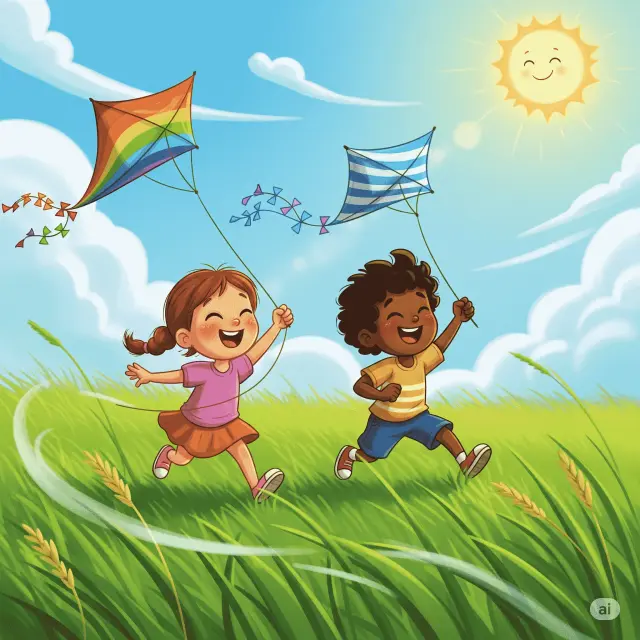 Enfants faisant voler des cerfs-volants dans un champ avec des nuages au-dessus, dessin au trait pour le coloriage Enfants faisant voler des cerfs-volants dans un champ avec des nuages au-dessus, dessin au trait pour le coloriage