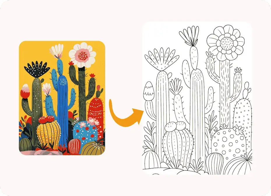Une comparaison avant et après montrant une œuvre d'art de cactus vibrante, transformée en une page de coloriage en dessin au trait détaillée et imprimable.