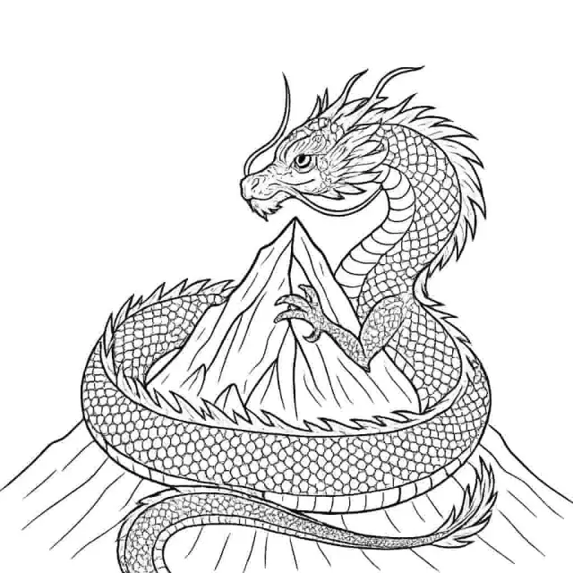Dessin contourné d'un dragon magique sur une montagne, coloriage fantastique en noir et blanc Dessin contourné d'un dragon magique sur une montagne, coloriage fantastique en noir et blanc