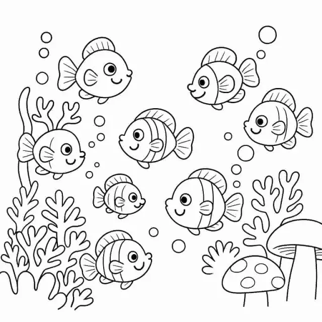 Dessin au trait de dessin animé de poissons, d'algues et de bulles, prêt pour le coloriage Dessin au trait de dessin animé de poissons, d'algues et de bulles, prêt pour le coloriage