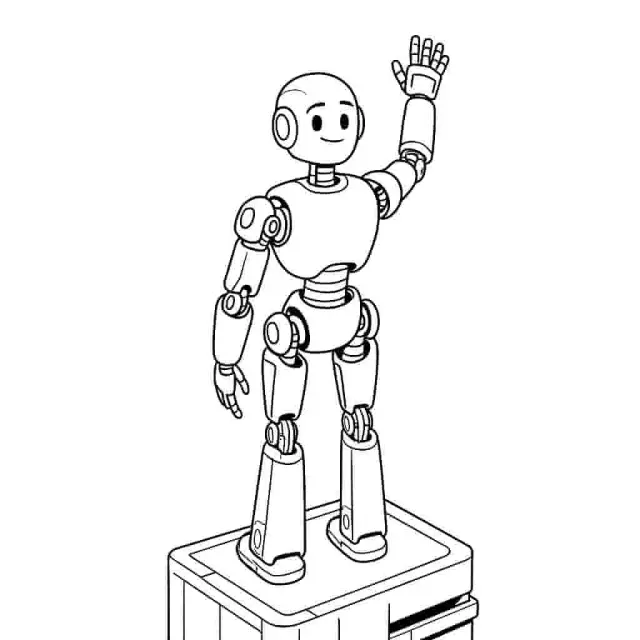 Robot en noir et blanc saluant dans une ville de science-fiction, contour de page de coloriage Robot en noir et blanc saluant dans une ville de science-fiction, contour de page de coloriage