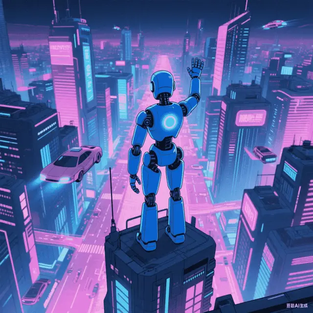 Un robot amical saluant dans une ville futuriste, contourné pour le coloriage Un robot amical saluant dans une ville futuriste, contourné pour le coloriage