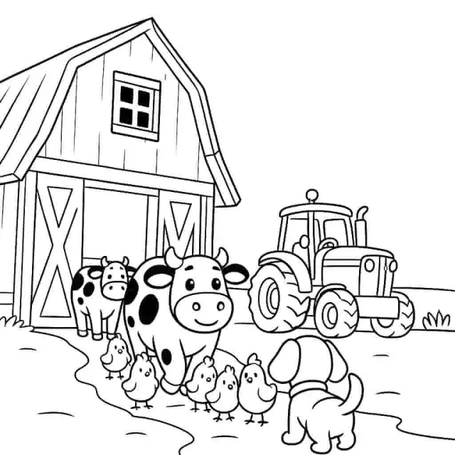Scène de ferme avec grange, vache, poulets et tracteur en dessin au trait noir et blanc Scène de ferme avec grange, vache, poulets et tracteur en dessin au trait noir et blanc