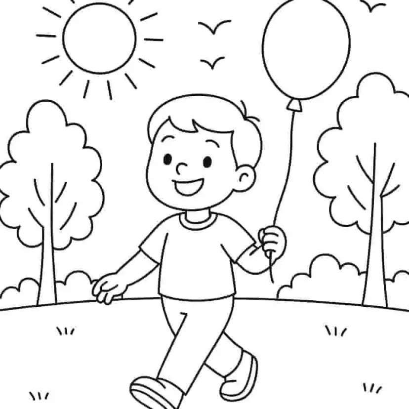 Gambar garis seorang anak laki-laki dengan balon, contoh halaman mewarnai yang dihasilkan AI.