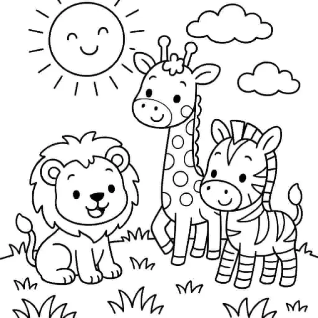 Seni garis bayi singa, jerapah, dan zebra bermain bersama di ladang.