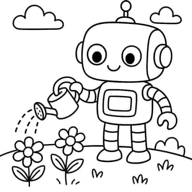 Robot lucu menyiram bunga di taman.