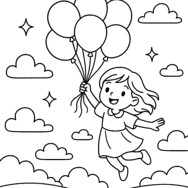 Seni garis seorang gadis terbang dengan balon dalam gaya buku cerita yang bermimpi.