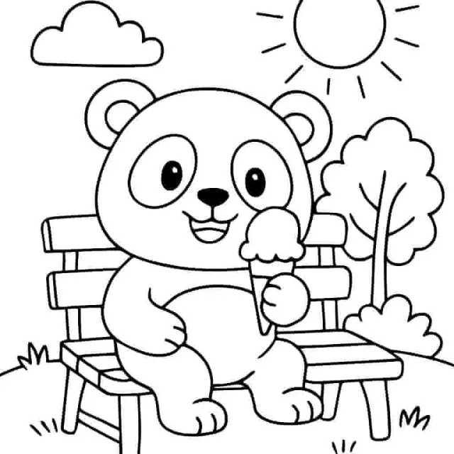 Panda bahagia makan es krim di bangku taman.