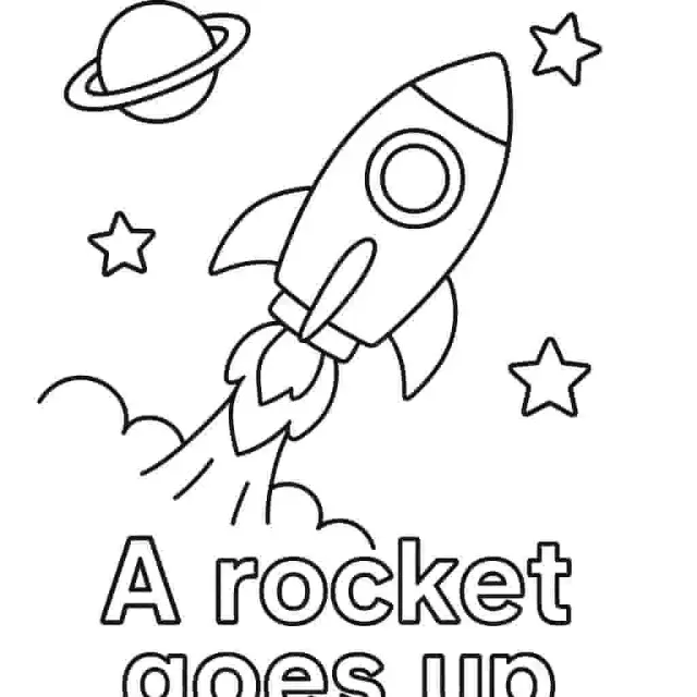 Roket kartun meluncur ke luar angkasa.