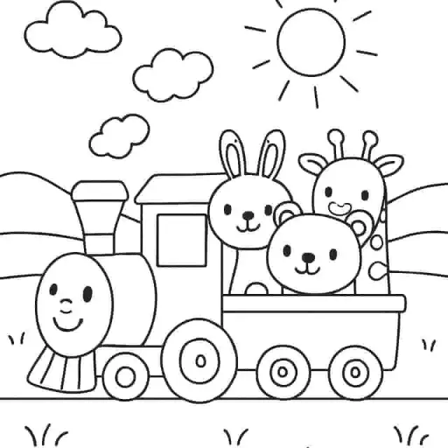 Kereta mainan dengan penumpang hewan lucu bepergian melalui perbukitan.