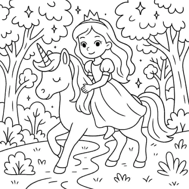 Seorang putri menunggangi unicorn megah di hutan ajaib.