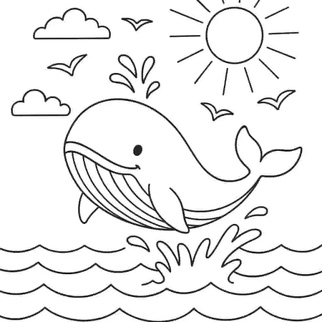 Paus besar melompat keluar dari permukaan laut pada hari yang cerah.