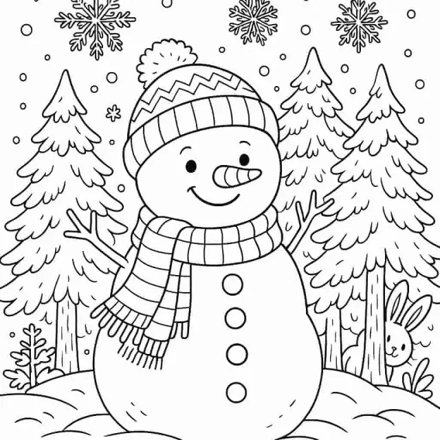 Boneka salju ceria di lanskap musim dingin yang bersalju.