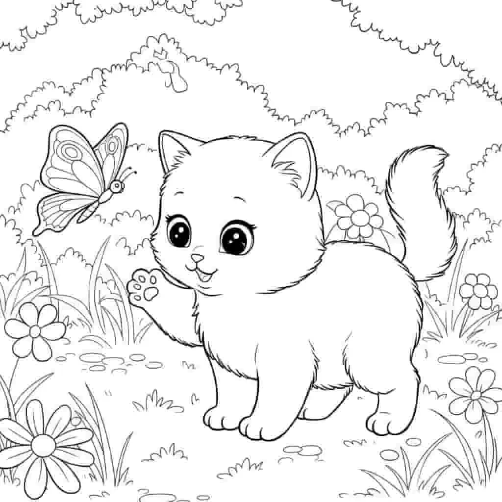 Image for prompt: Garis besar kucing lucu mengejar kupu-kupu.