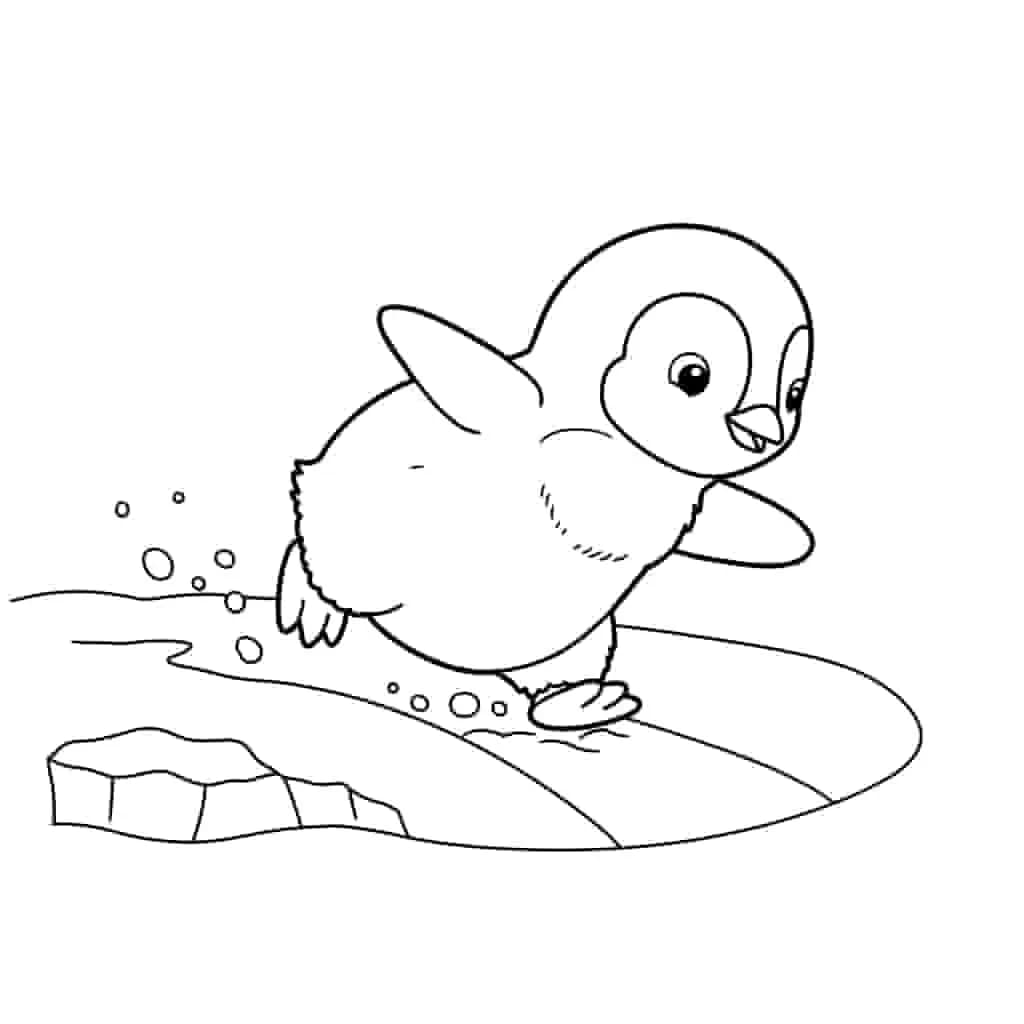Image for prompt: Gambar bayi pinguin meluncur di perutnya.