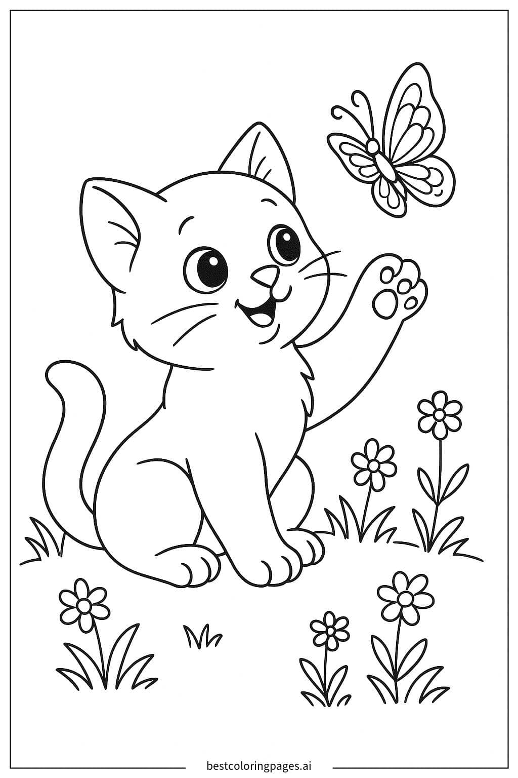 Playful Kitten with a Butterfly in a Meadow Coloring Page