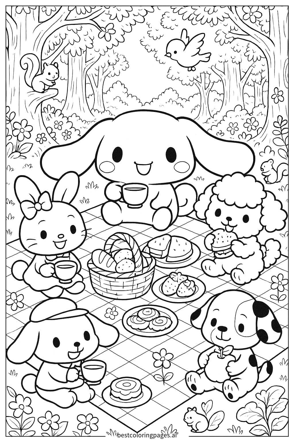 ภาพระบายสี ซินนามอนโรลและผองเพื่อนปิกนิกในป่า