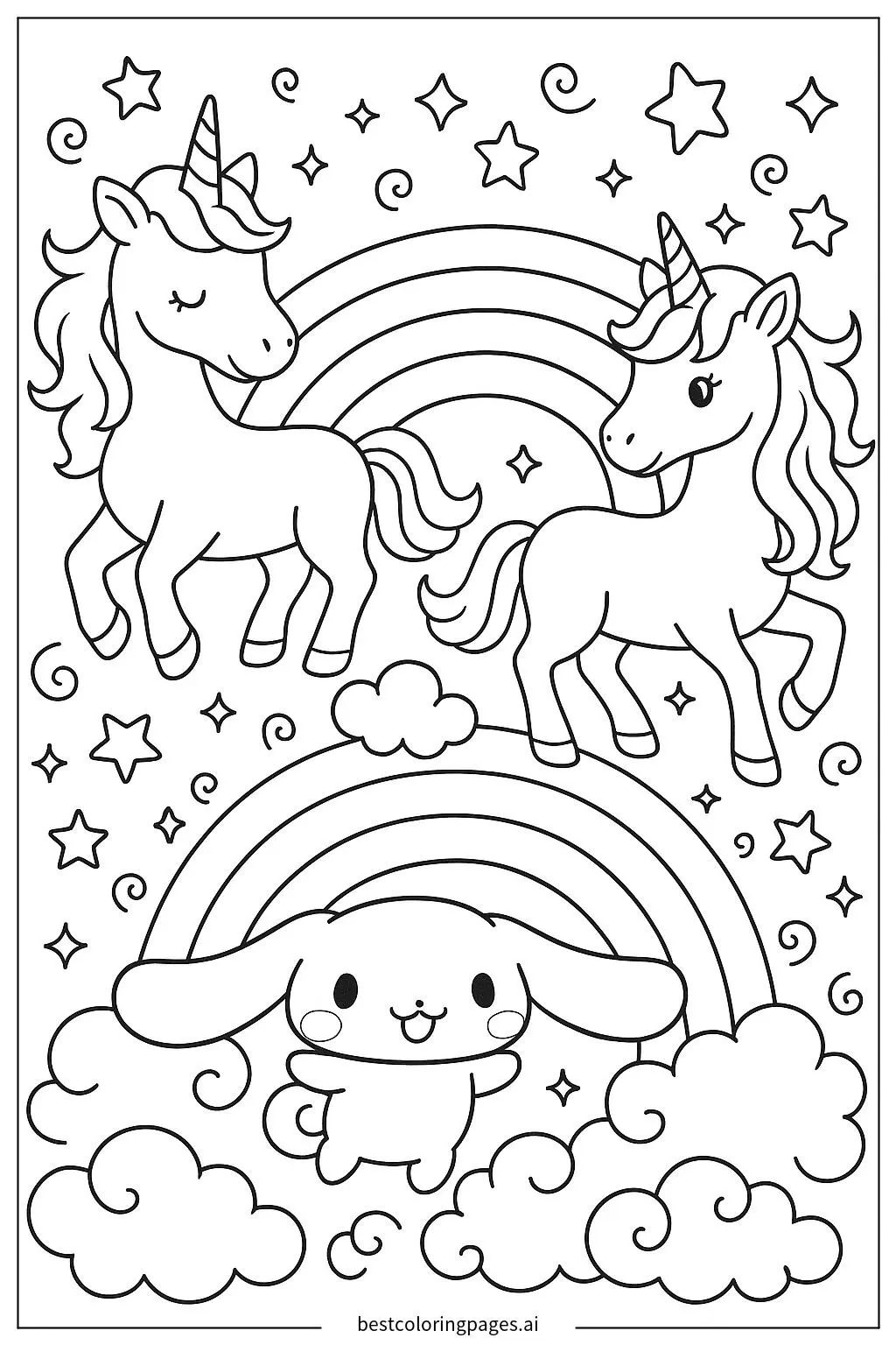 ภาพระบายสี ซินนาโมโรลกับยูนิคอร์นสายรุ้ง