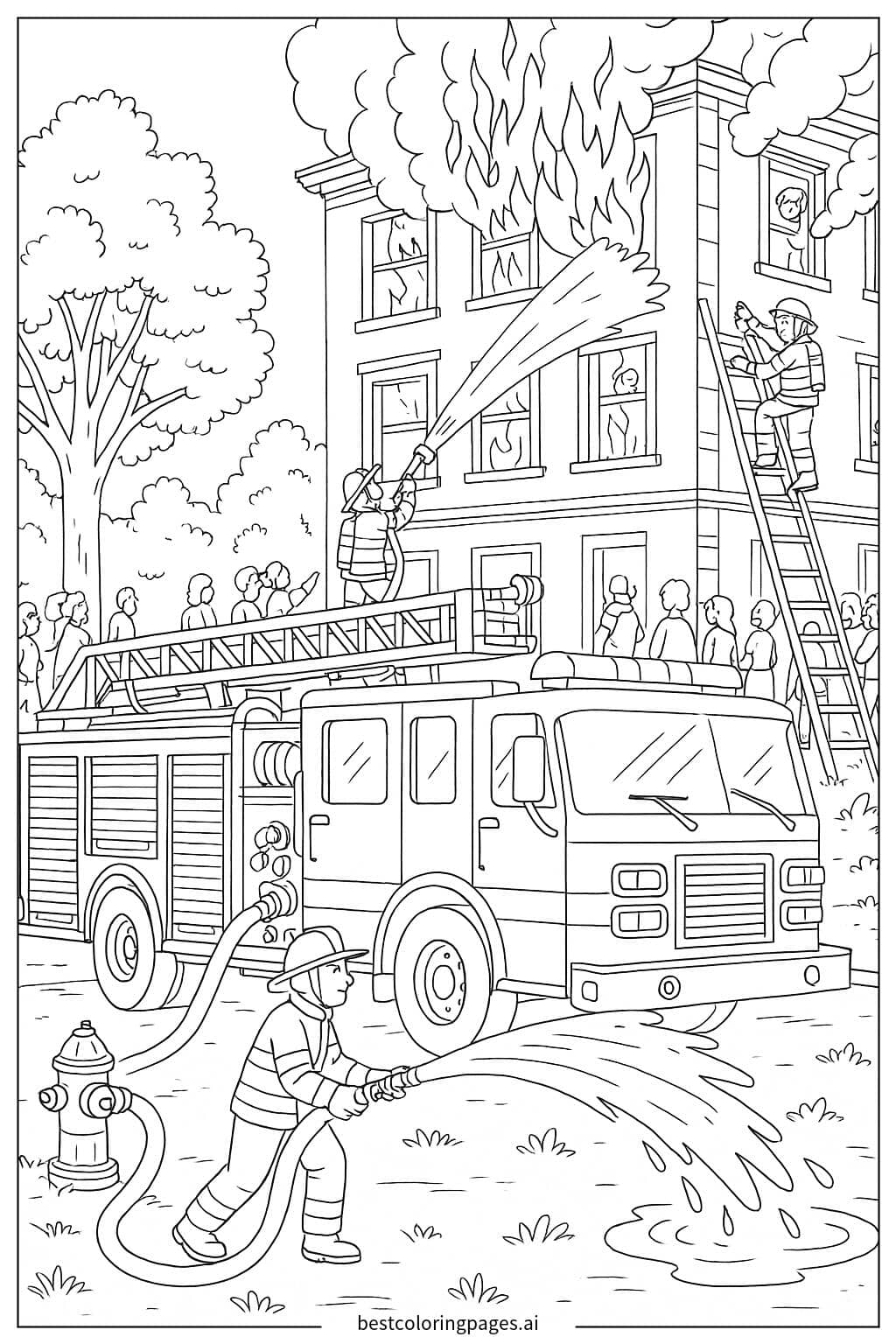 Disegni di Camion dei pompieri in azione durante un incendio in un edificio da Colorare