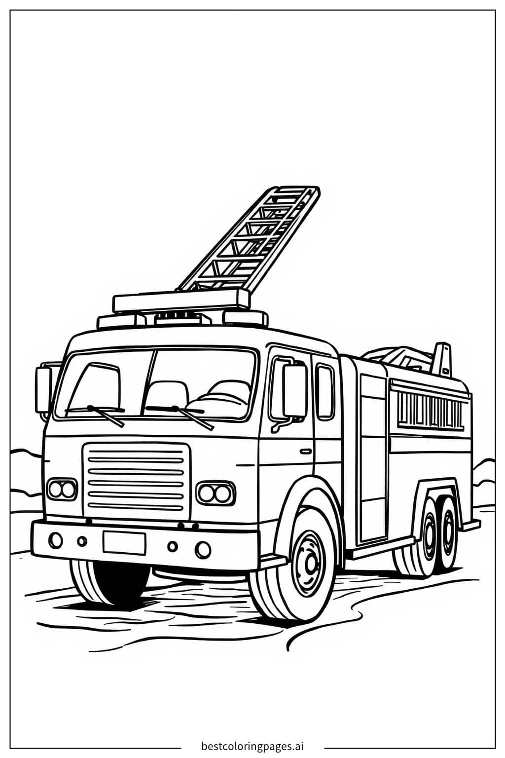 Disegni di Camion dei pompieri parcheggiato con scala estesa da Colorare