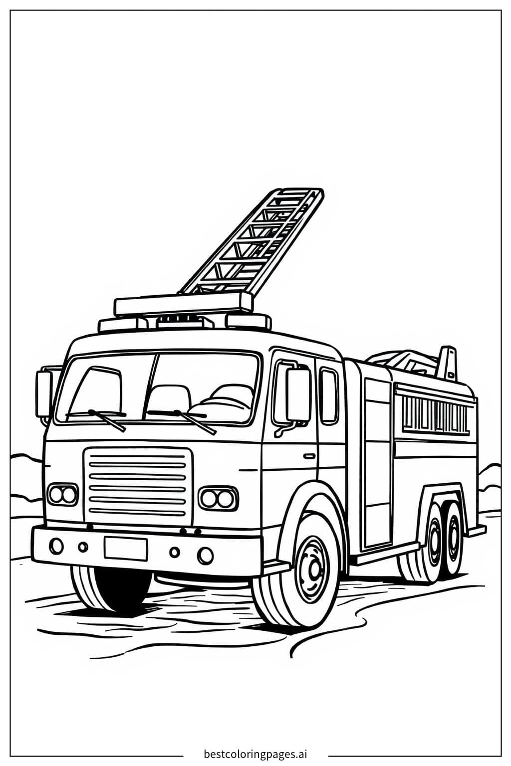 Disegni di Camion dei pompieri parcheggiato con scala estesa da Colorare