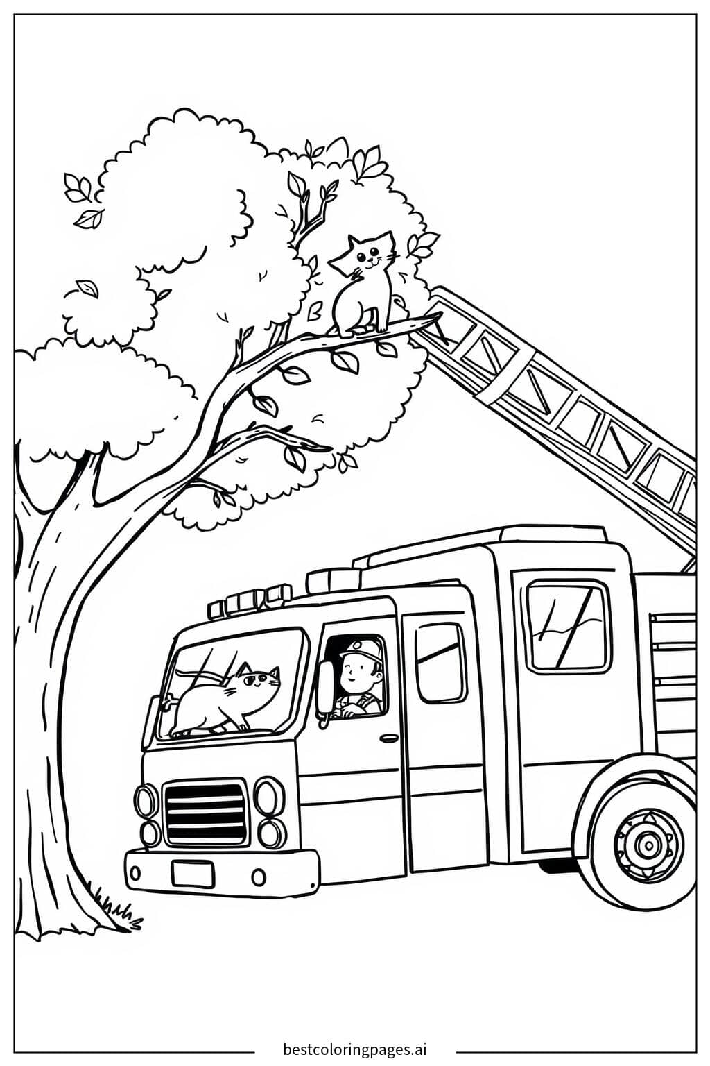 Disegni di Autopompa dei pompieri salva un gatto sull'albero da Colorare