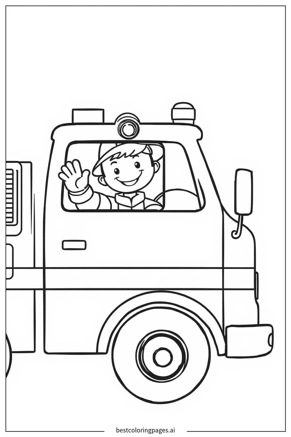 Disegni di Camion dei pompieri con un pompiere sorridente che saluta da Colorare