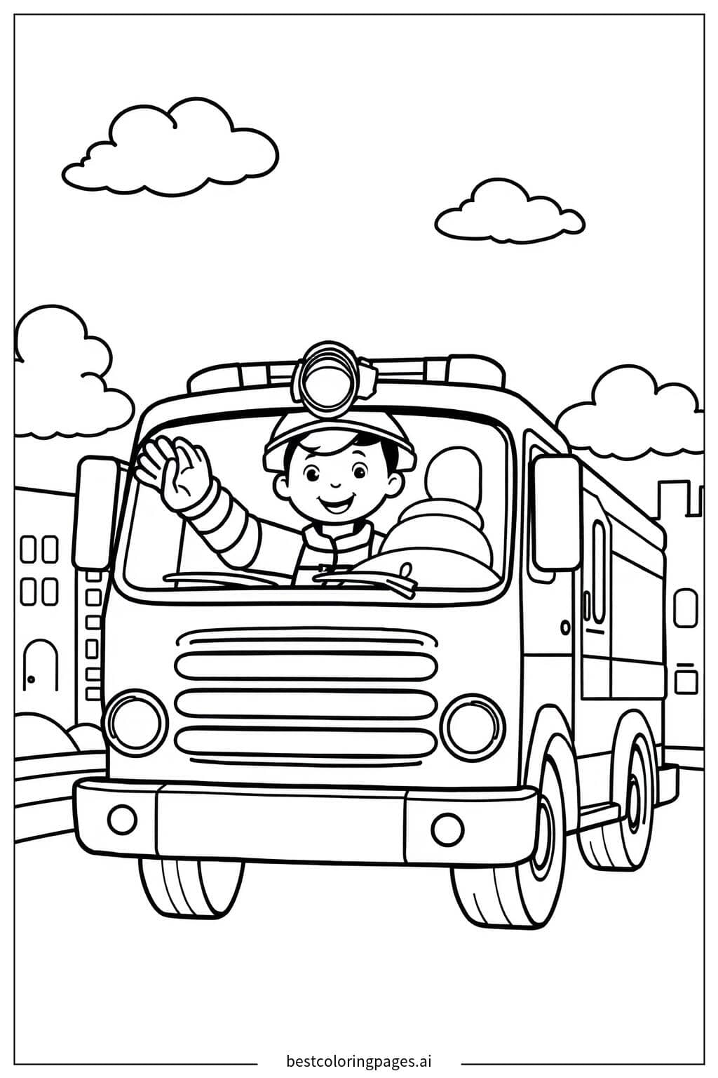 Disegni di Camion dei Pompieri con Vigile del Fuoco da Colorare