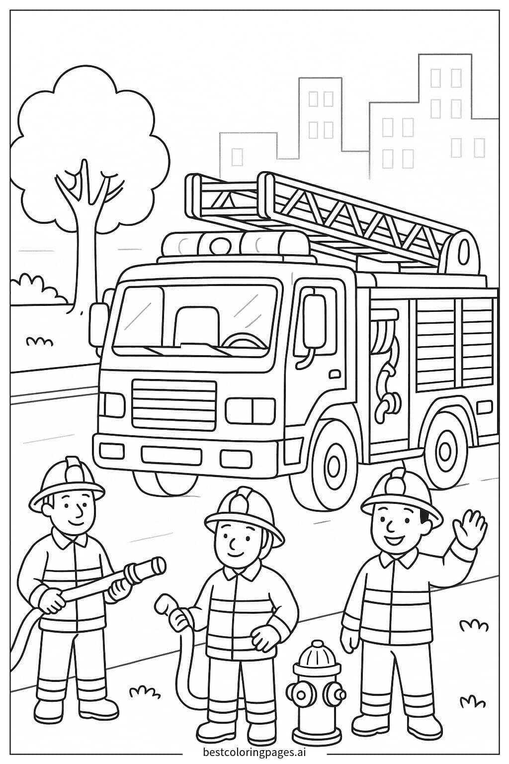 Disegni di Camion dei pompieri con vigili del fuoco accanto da Colorare