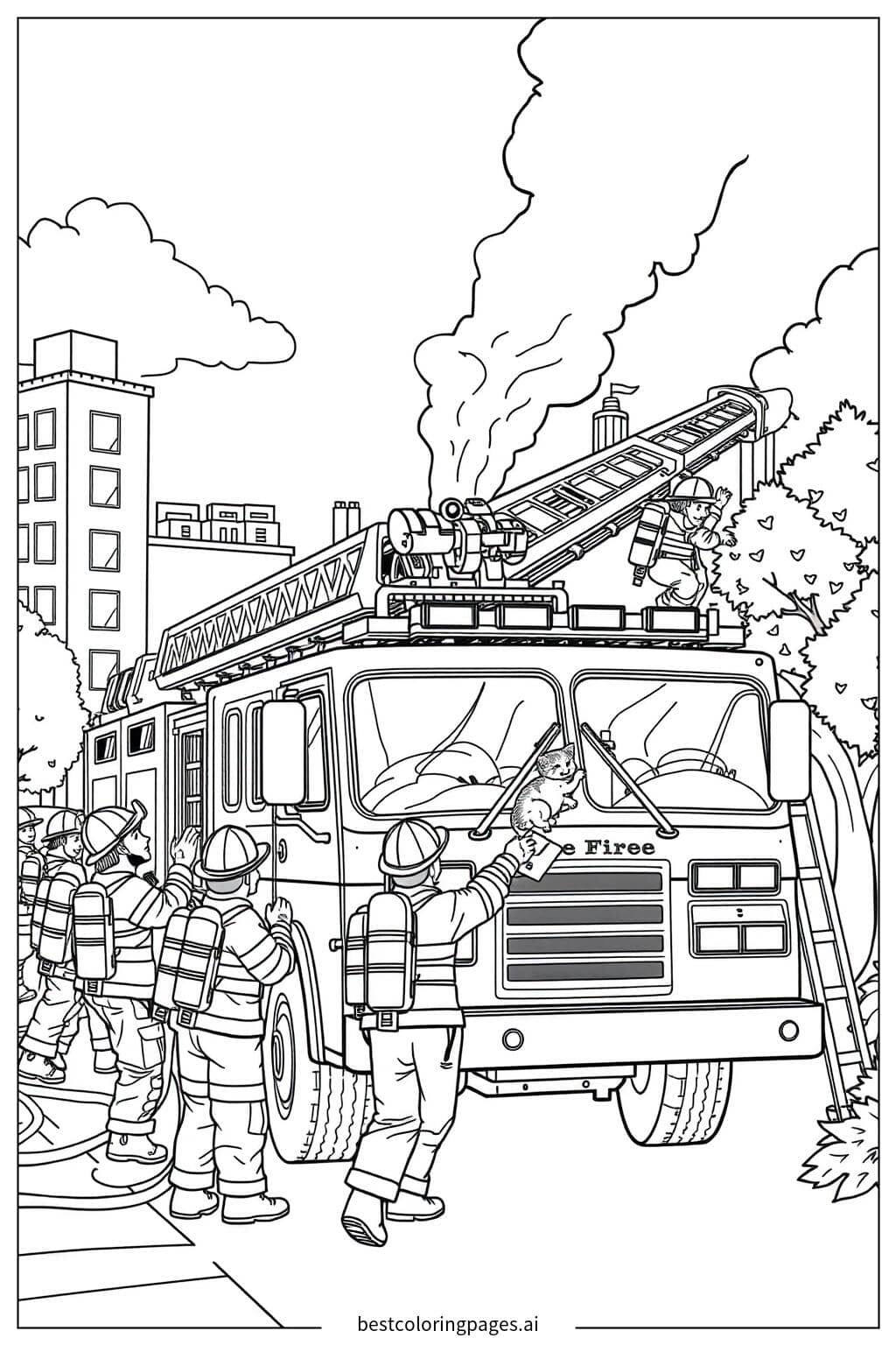 Disegni di Camion dei pompieri con vigili del fuoco in azione da Colorare