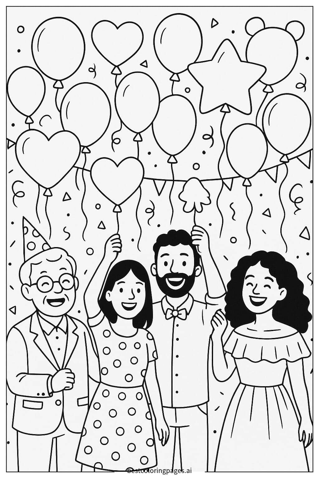 朋友们手拿生日气球 涂色页