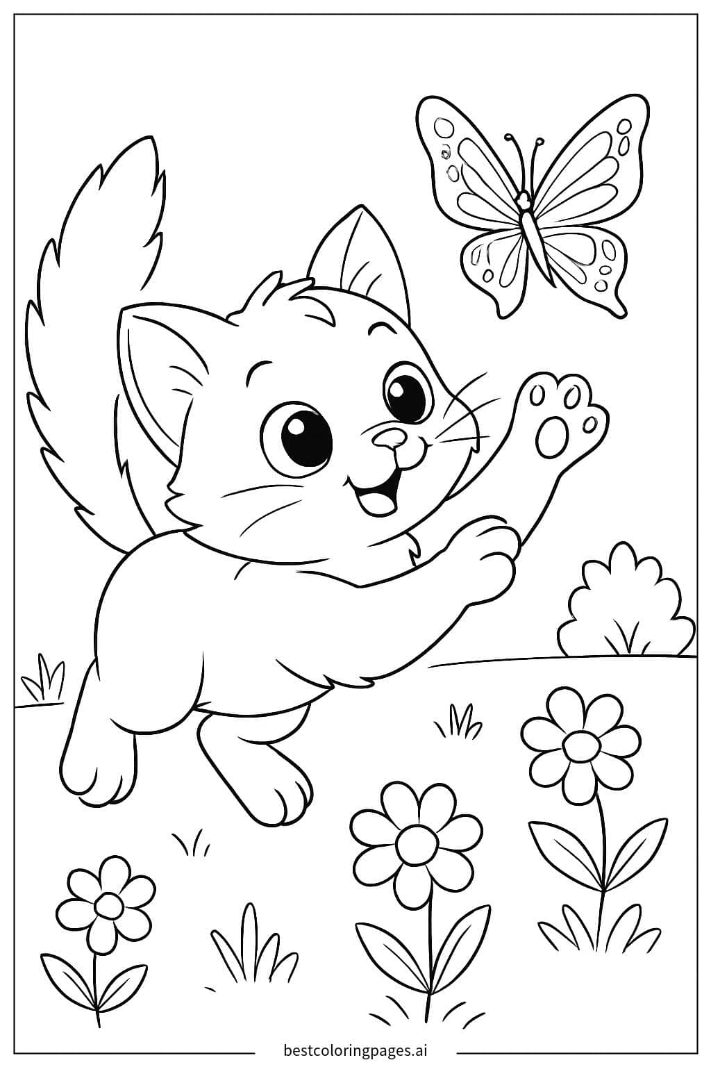 Kitten Playing with a Butterfly in a Garden Coloring Page