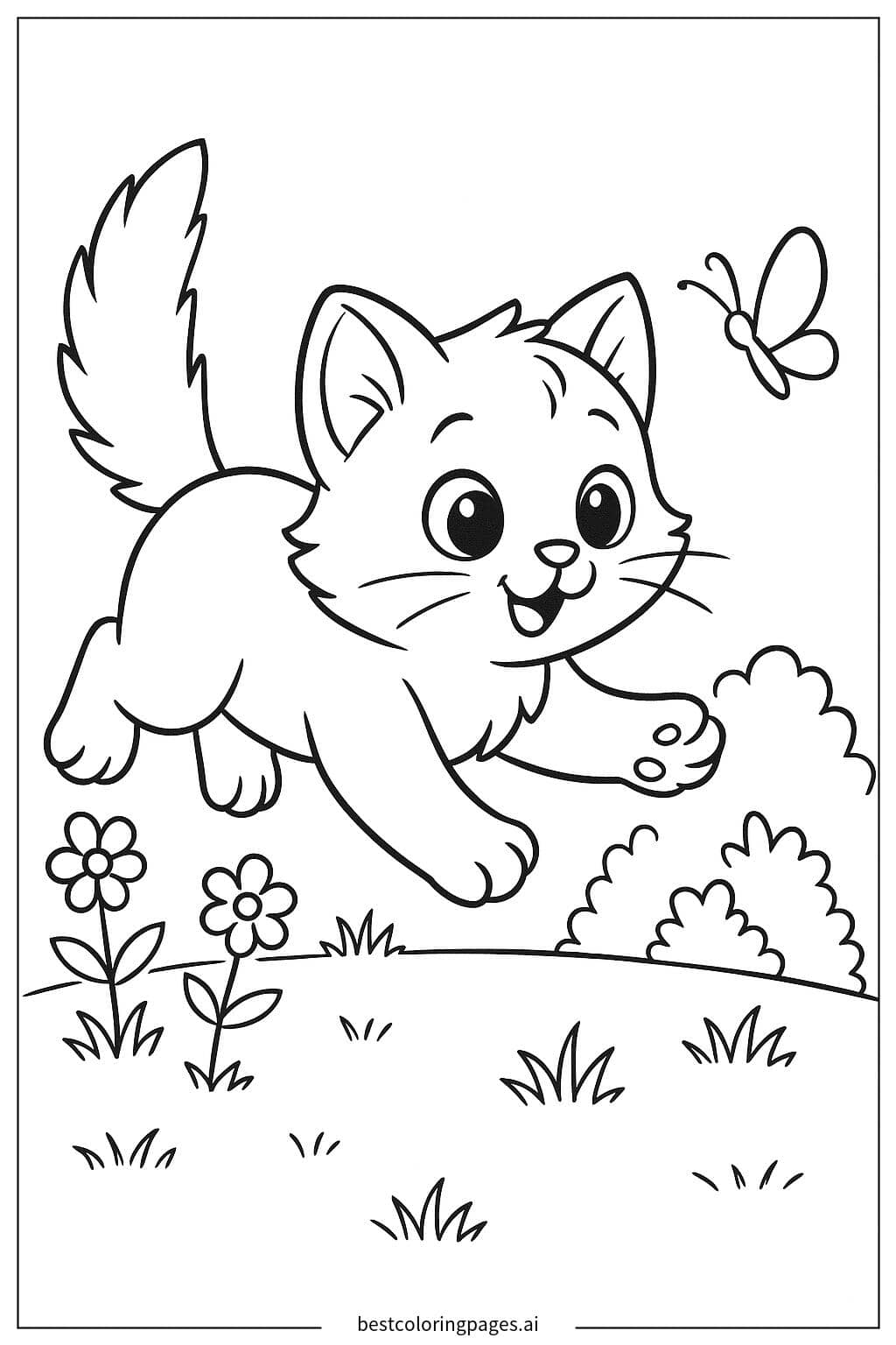 Playful Kitten Chasing a Butterfly in the Garden Coloring Page