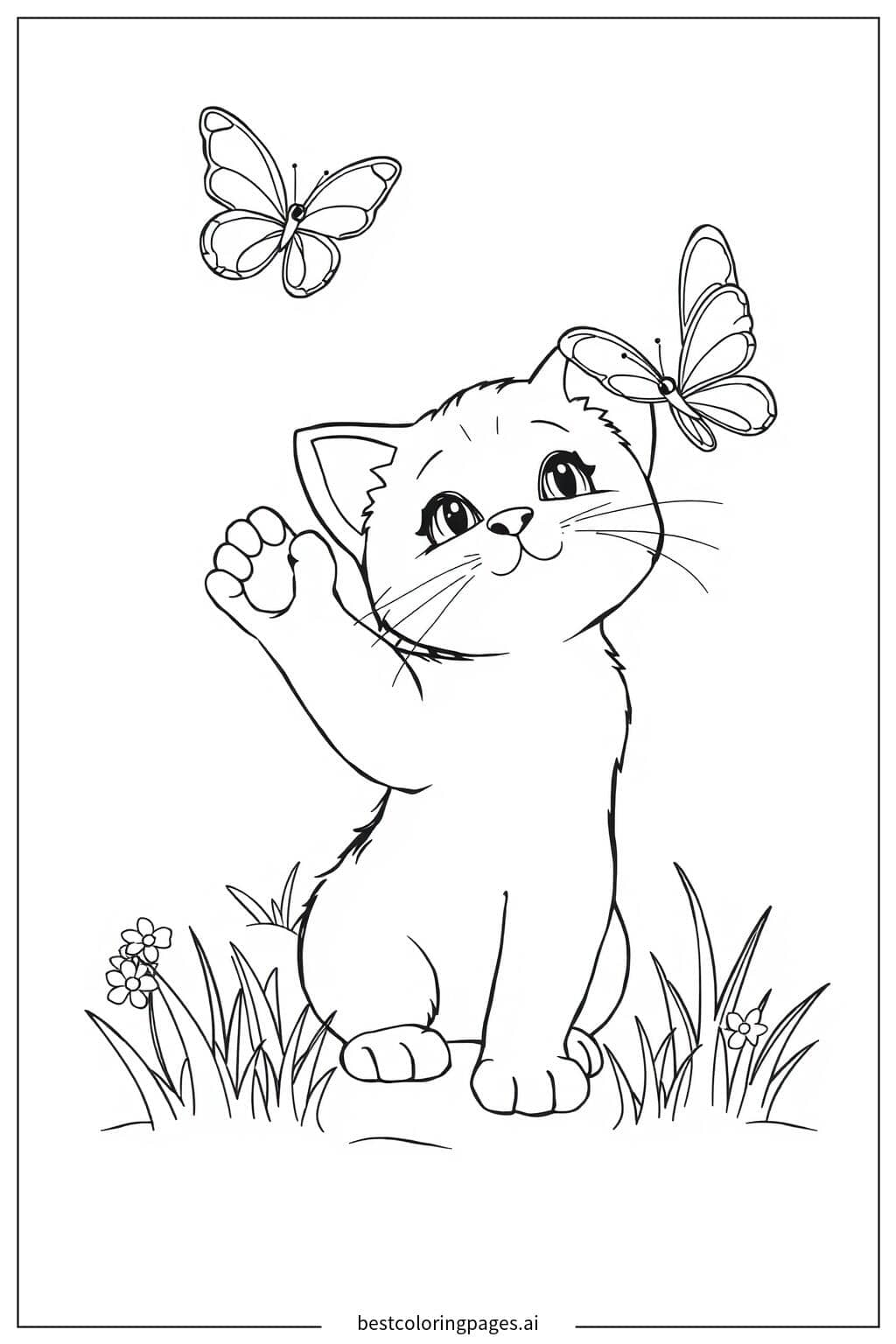 Kitten Chasing a Butterfly Coloring Page