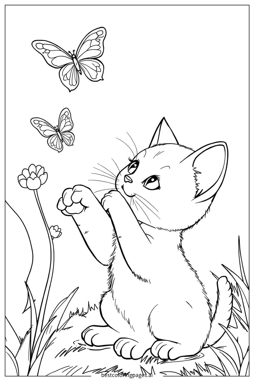 Kitten Chasing a Butterfly Coloring Page
