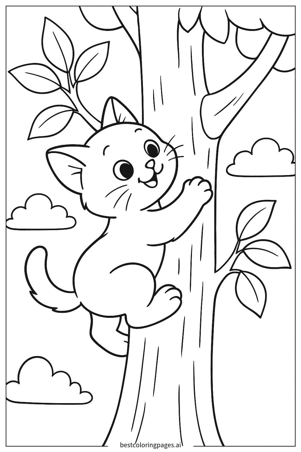 Playful Kitten Climbing a Tree Coloring Page