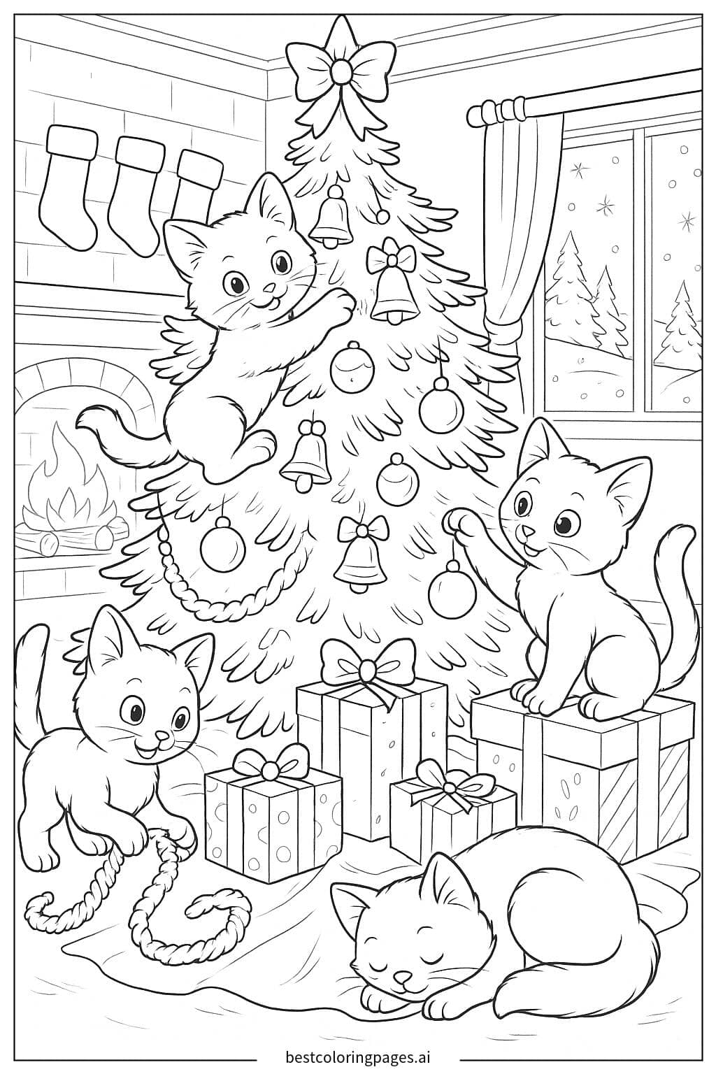 Playful Kitten Family Around a Christmas Tree Coloring Page