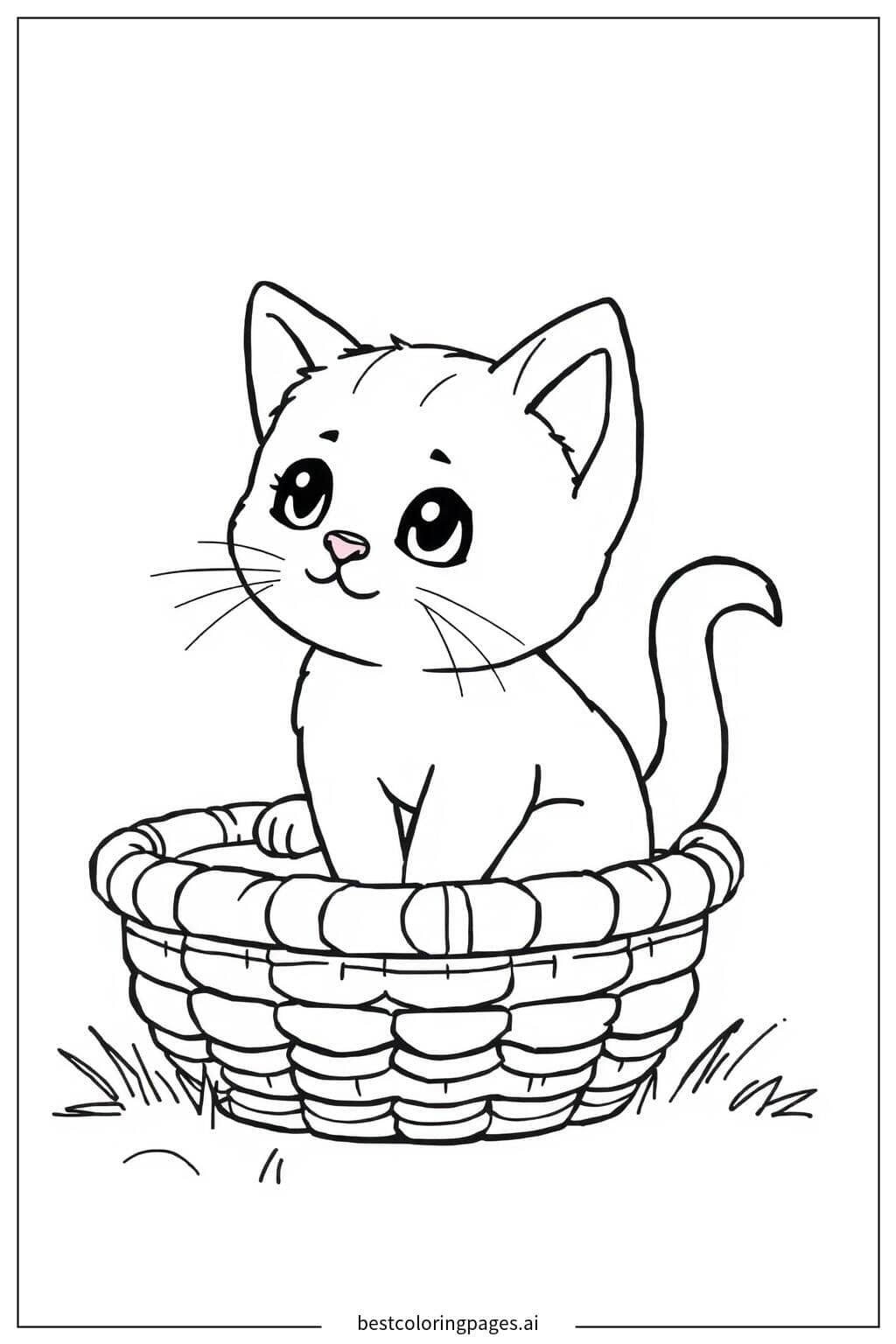 Adorable Kitten in a Basket Coloring Page